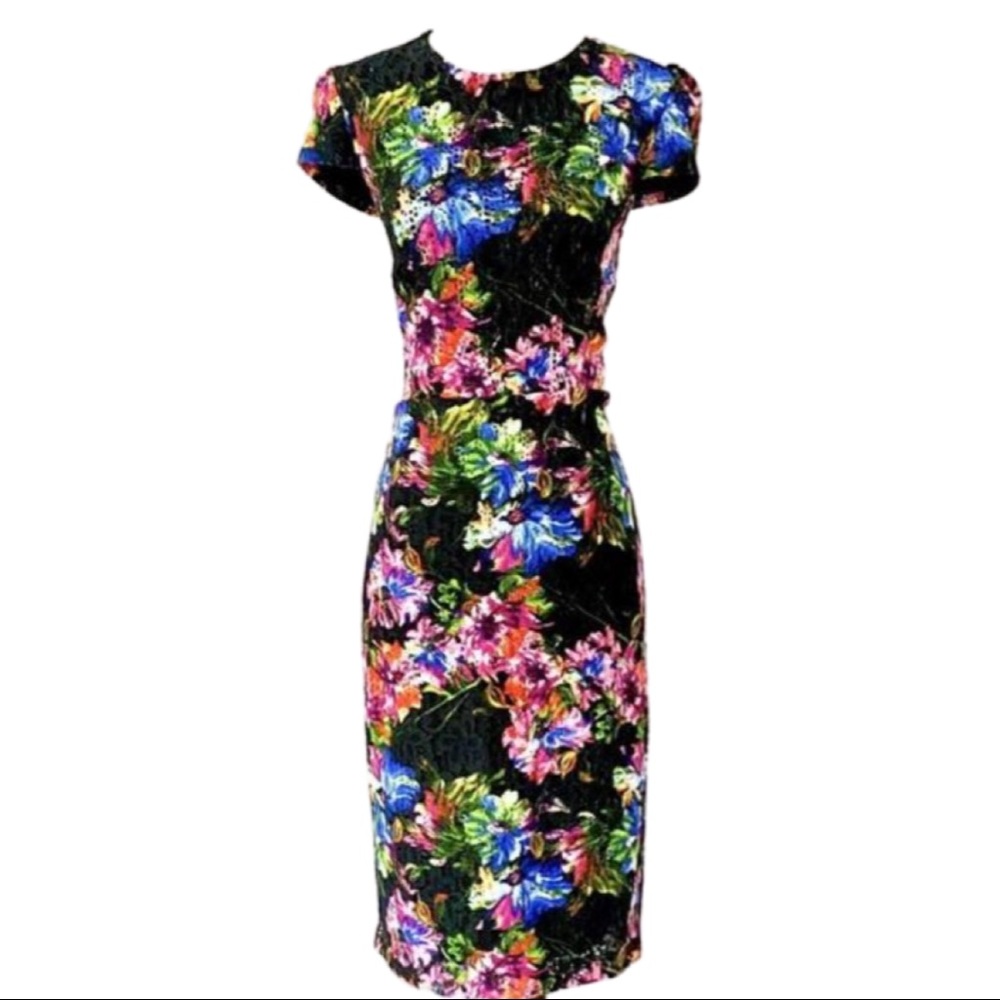 Betsy Johnson Multicolor Floral Eyelet Puff Sleeve Sheath Dress Size 6
